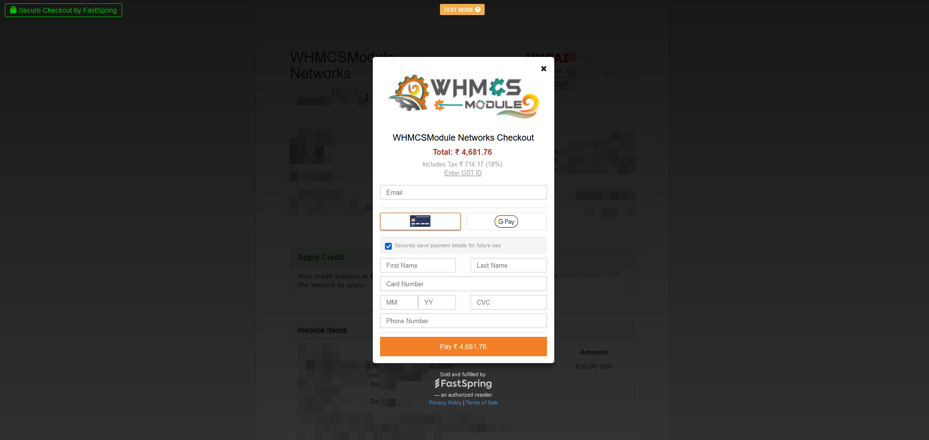 Fastspring Payment Gateway Module for WHMCS