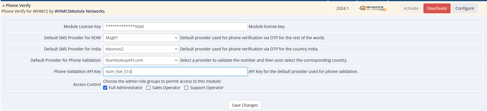 SMS Verify for WHMCS Module